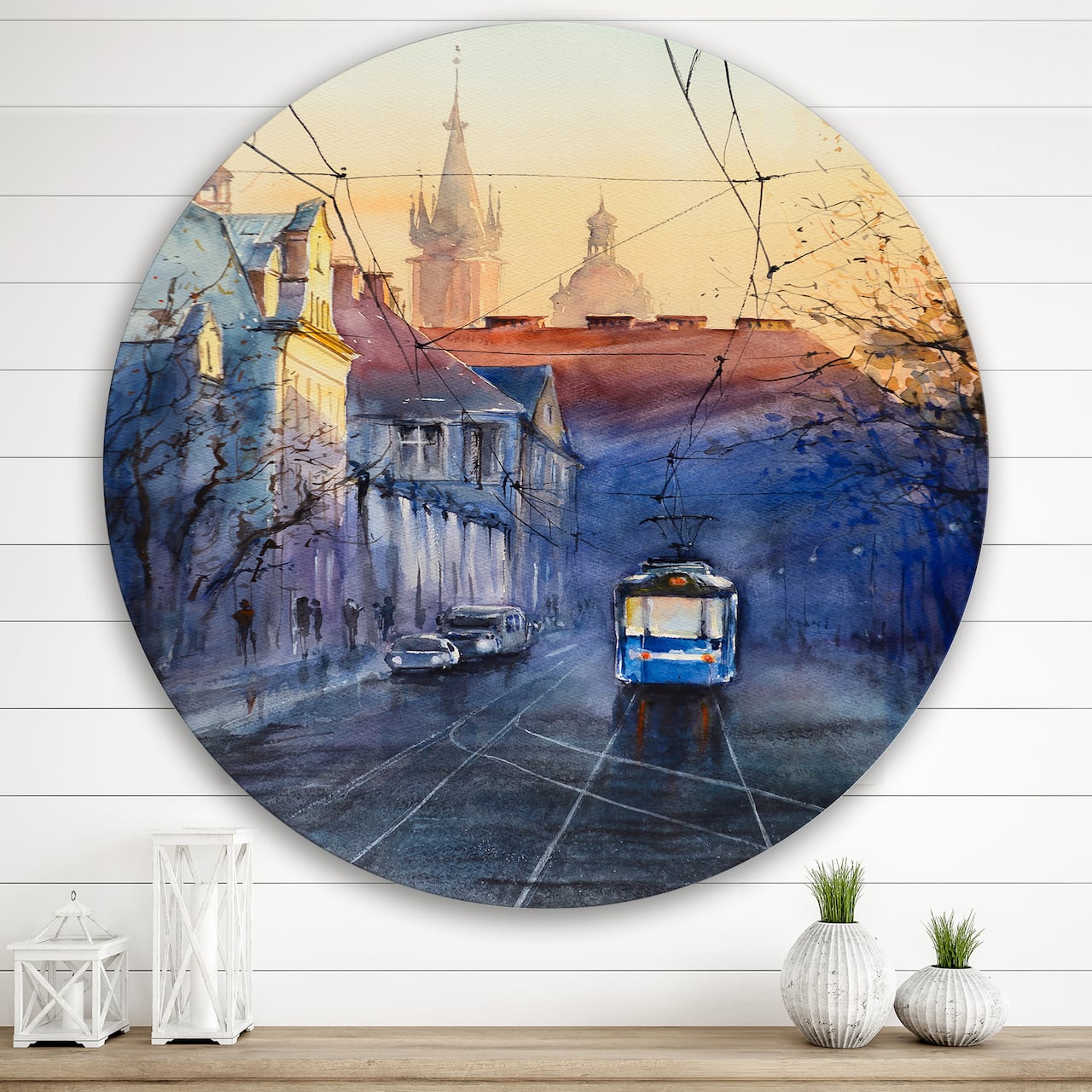 Designart - Blue Tram At Sunset With Church During Sunset - Nautical & Coastal Metal Circle Wall Art